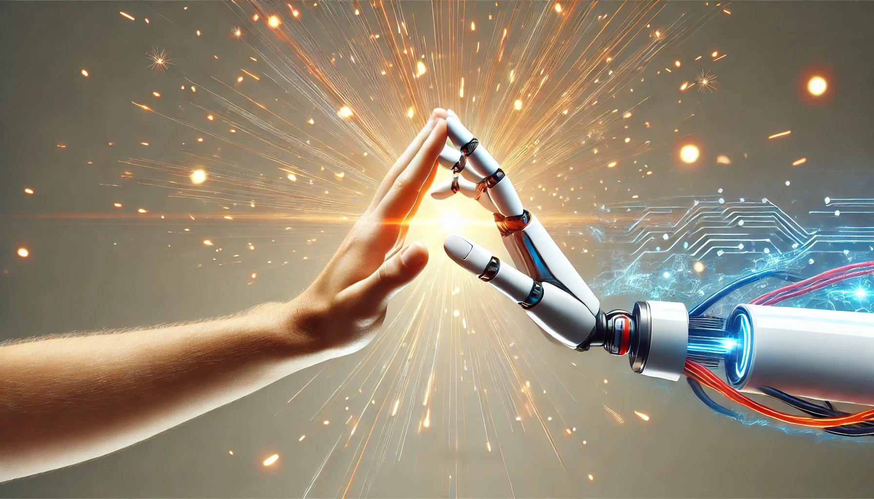 A human hand and a robotic hand touching.